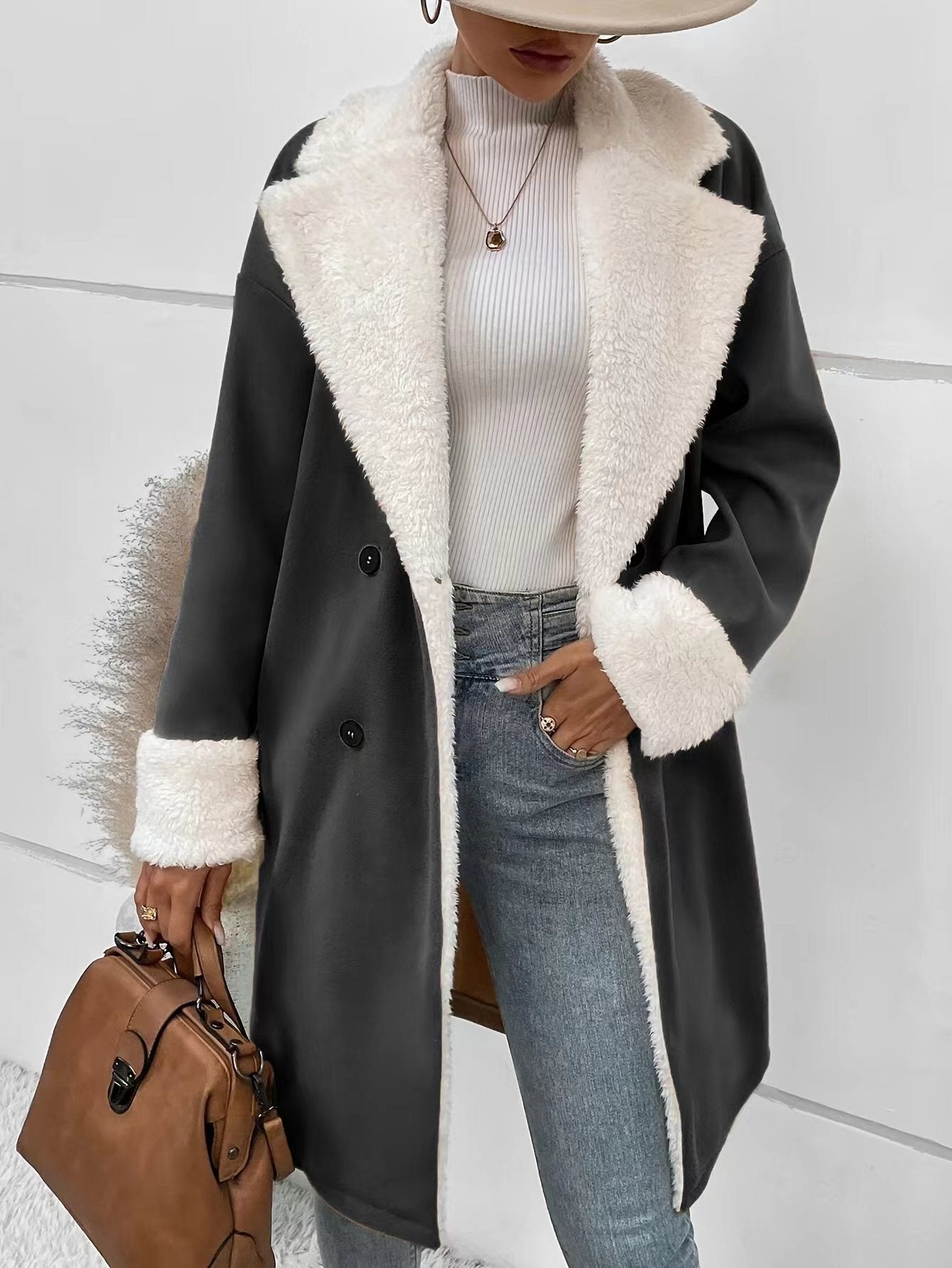 Double-Breasted Coat with Teddy Collar – Women – Charcoal – worn